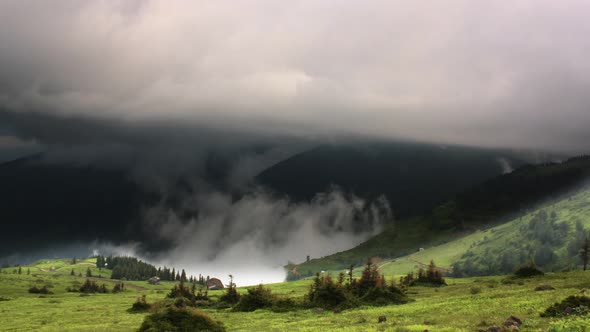 4K Trabzon Sultan Murat Plateau time lapse. Moving colorful clouds. A mystical fog atmosphere.