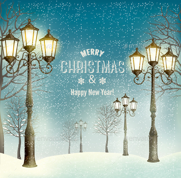 Christmas Landscape with Vintage Lampposts - Christmas Seasons/Holidays