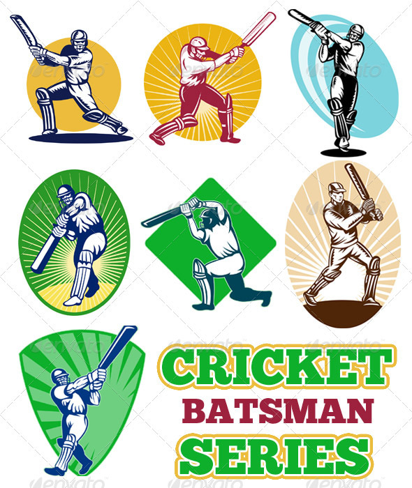 Cricket Player Batsman Batting Retro Style Set
