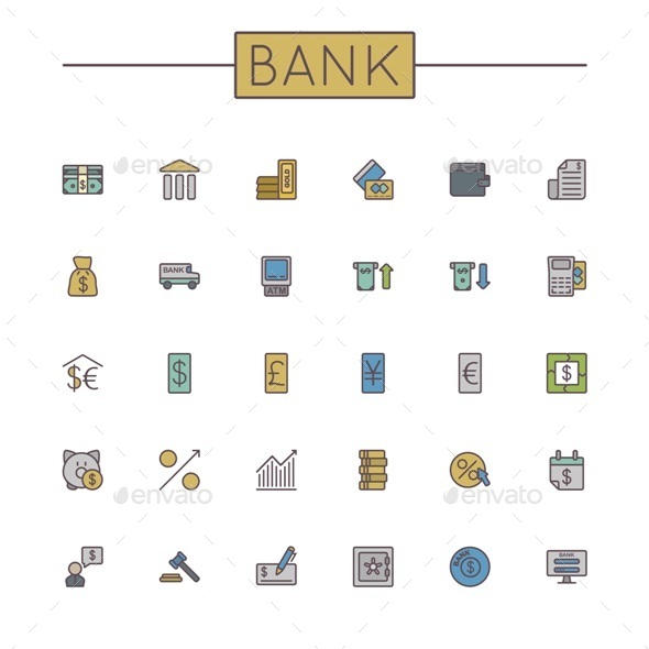 Vector Colored Bank Line Icons - Business Icons