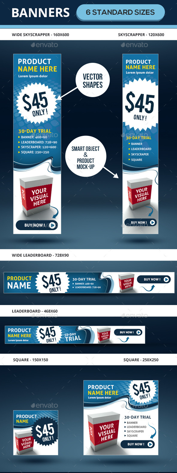 Marketing Ad Banners In 6 Sizes - Banners & Ads Web Elements