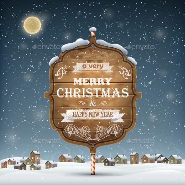 Wooden Christmas Signboard On The Snow. - Christmas Seasons/Holidays