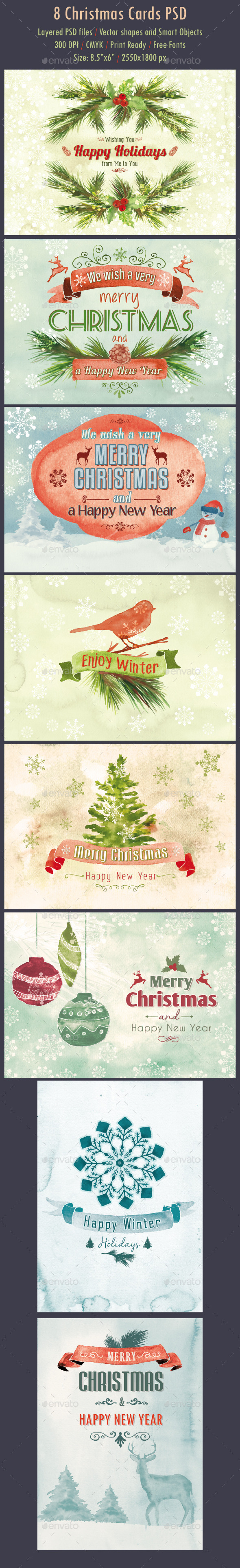 8 Watercolor Christmas Cards PSD - Cards & Invites Print Templates
