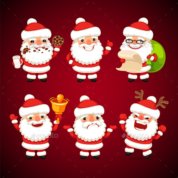 Set of Cartoon Santa Claus in Various Poses - Christmas Seasons/Holidays