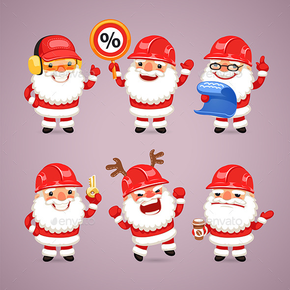 Set of Cartoon Santa Claus Builders - Christmas Seasons/Holidays