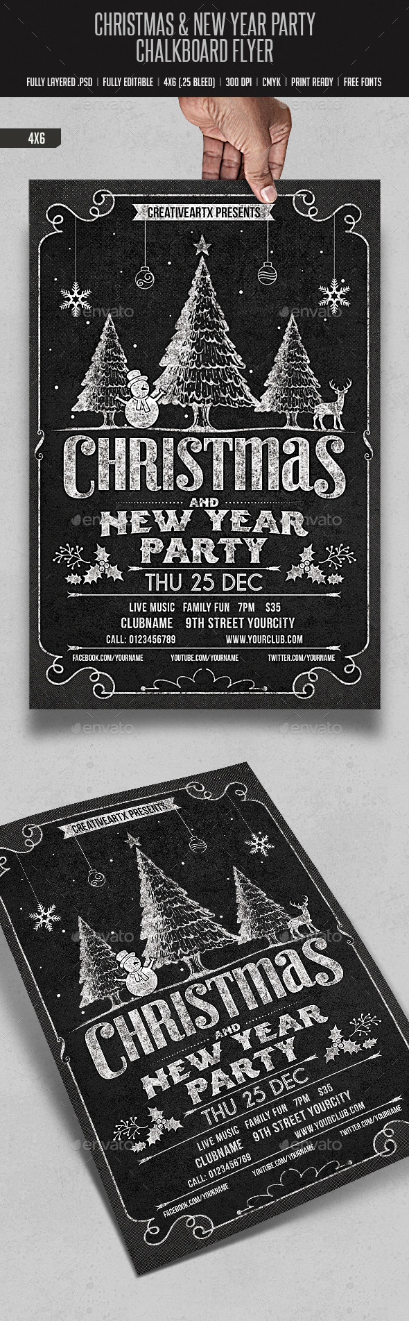 Christmas & New Year Party Chalk Board Flyer - Events Flyers