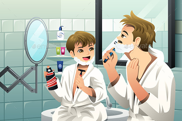 Father and Son Shaving Together - People Characters