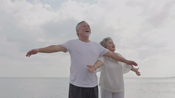 Senior couple breathing in for fresh air at the beach