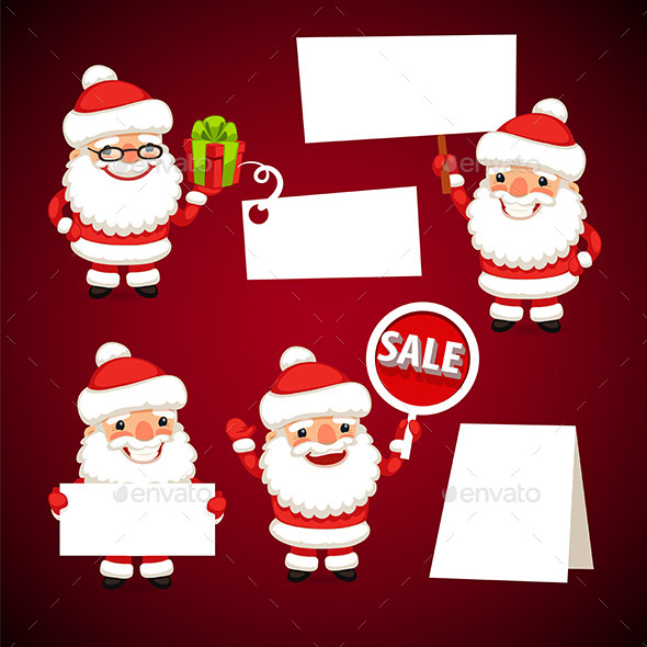 Set of Cartoon Santa Clauses Holding a White Empty - Christmas Seasons/Holidays