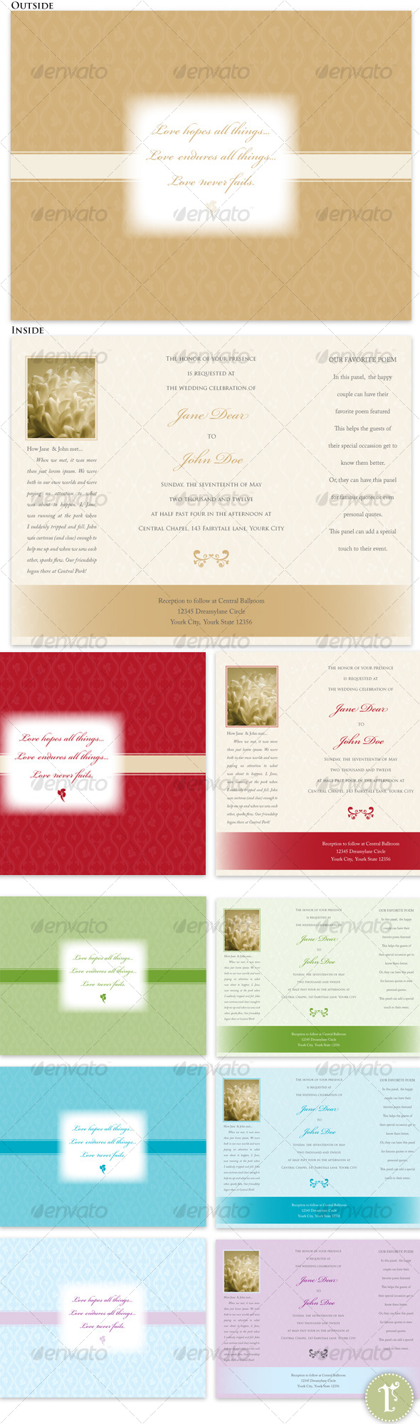 Trifold Wedding Invitations-Tan, Red, Teal, Green - Weddings Cards & Invites