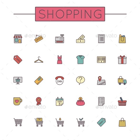 Vector Colored Shopping Line Icons - Commercial / Shopping Conceptual