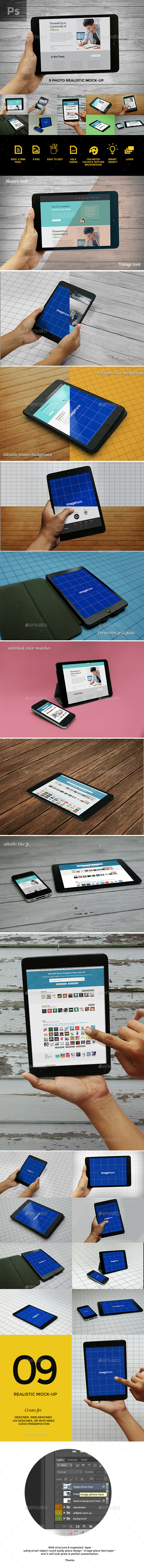 9 Photo Realistic Tablet Phone Mockups - Displays Product Mock-Ups