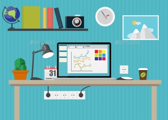 Working Place Modern Office Interior Flat Design - Communications Technology