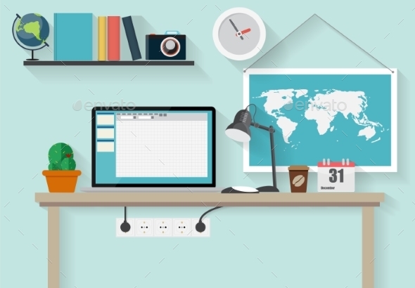 Working Place Modern Office Interior Flat Design - Communications Technology