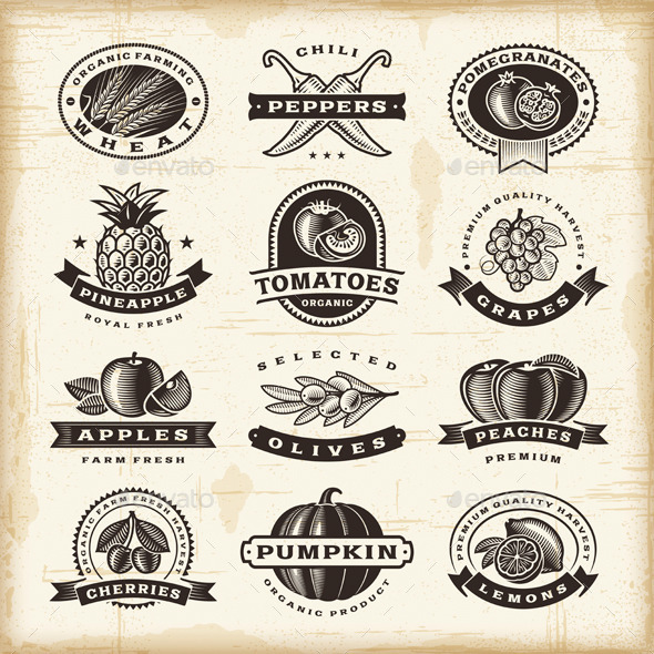Vintage Fruits And Vegetables Labels Set - Decorative Symbols Decorative