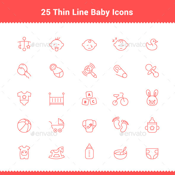 25 Thin Line Stroke Baby Icons - People Characters