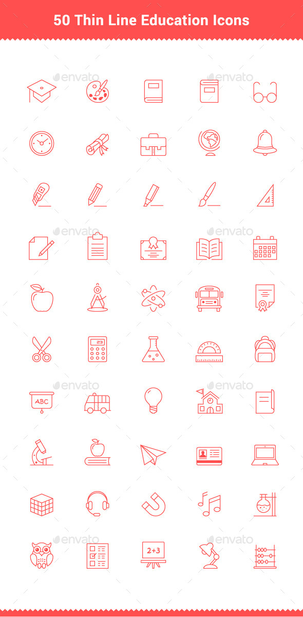 50 Thin Line Stroke Education Icons - Objects Icons