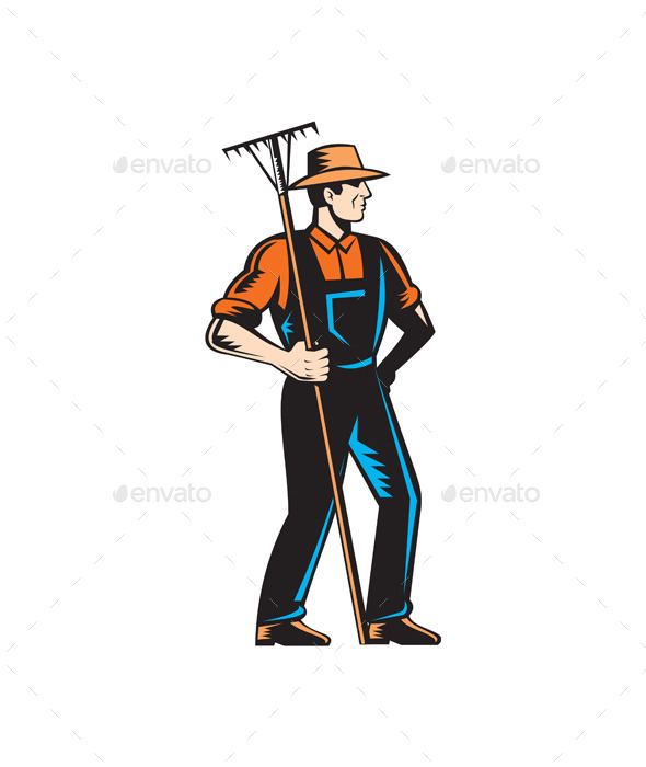Organic Farmer Standing with Rake - People Characters