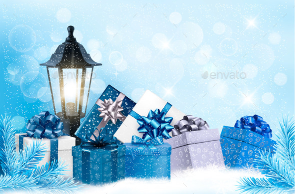 Christmas Background with a Lantern and Presents - Christmas Seasons/Holidays