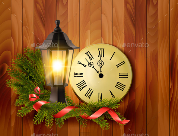 Christmas Background with a Lantern and a Clock - Christmas Seasons/Holidays