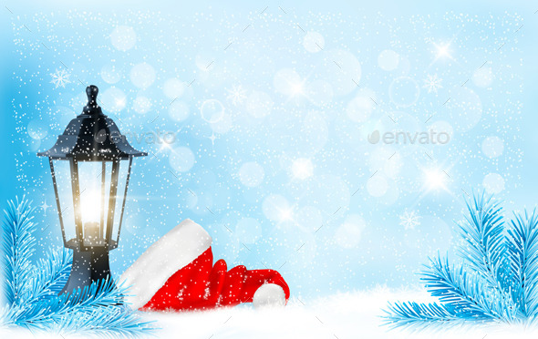 Christmas Background with a Lantern and Santa Hat - Christmas Seasons/Holidays