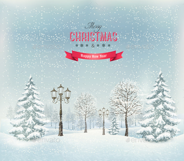 Christmas Winter Landscape with Lampposts - Landscapes Nature
