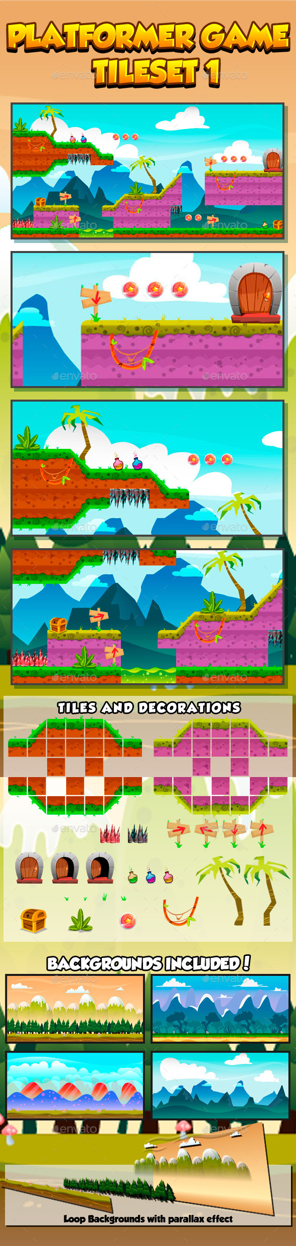 Platformer Game Tile set Collection Series 1 - Tilesets Game Assets