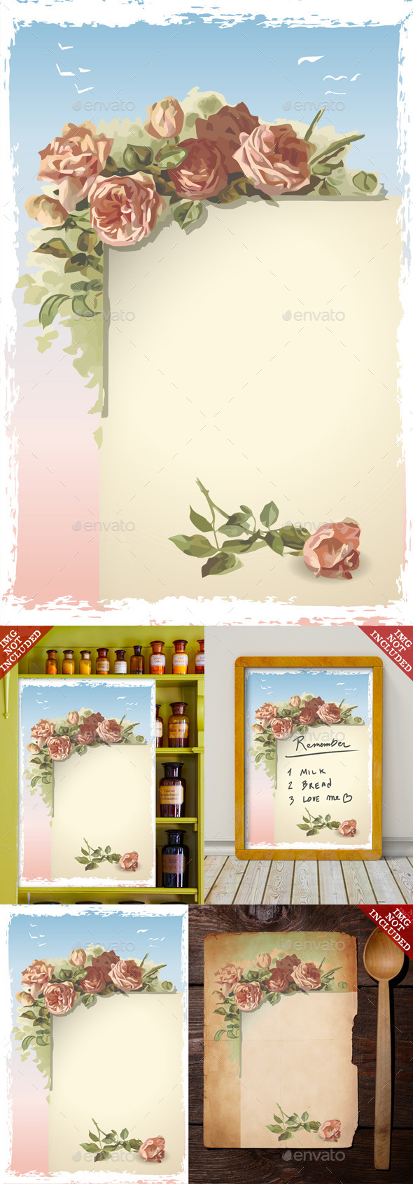 Vintage Roses Ornament on Old Page with Blue Sky - Decorative Vectors