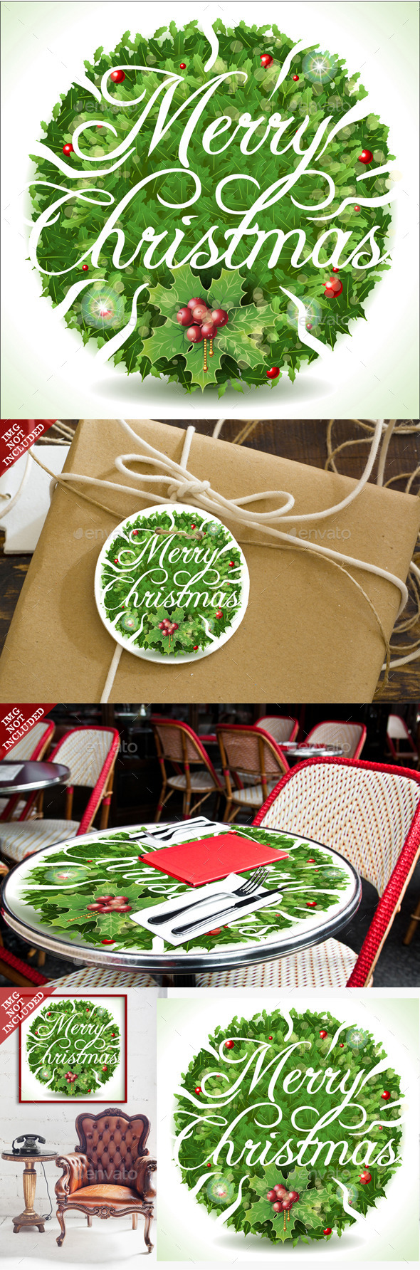 Holly Leaves Circle and Merry Christmas Text - Christmas Seasons/Holidays