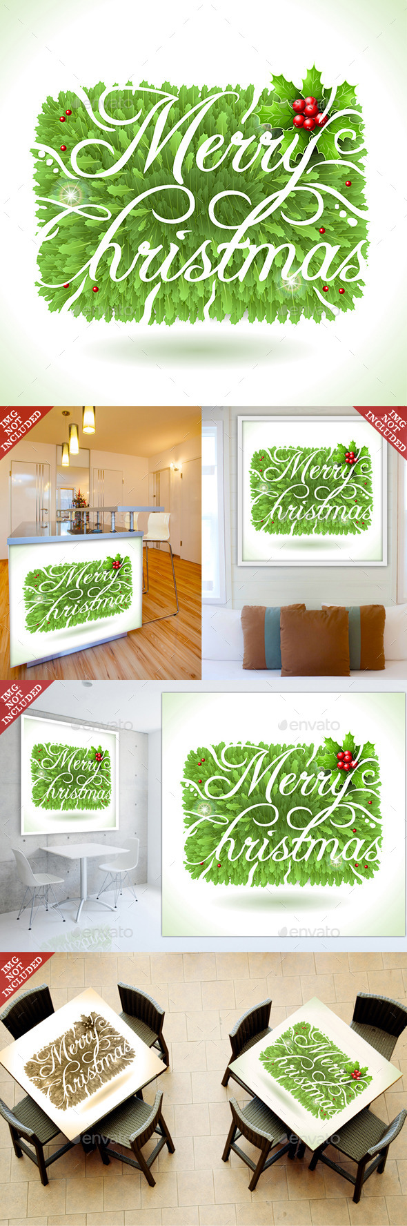 Holly Leaves and Merry Christmas Calligraphic Text - Christmas Seasons/Holidays