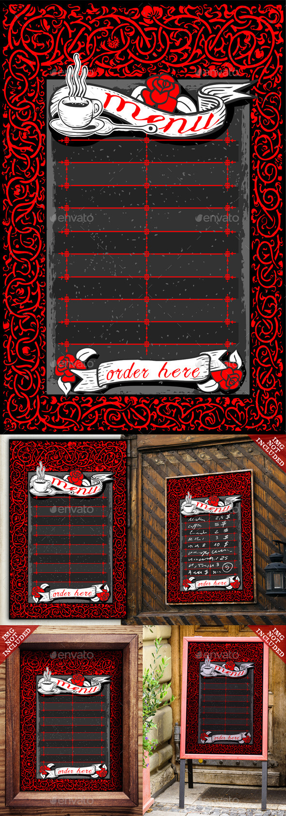 Vintage Dark Menu with Red Roses and Banners - Food Objects