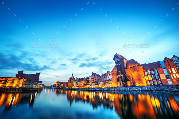 Gdansk, Poland old town, Motlawa river and famous crane, Polish Zuraw - Stock Photo - Images
