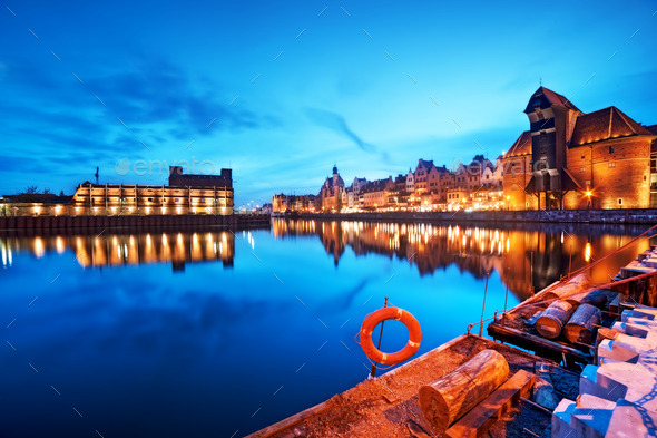 Gdansk, Poland old town, Motlawa river and famous crane, Polish Zuraw - Stock Photo - Images