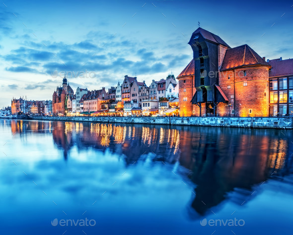 Gdansk, Poland old town, Motlawa river and famous crane, Polish Zuraw - Stock Photo - Images