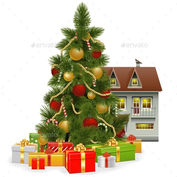 Vector Christmas Tree with House - Christmas Seasons/Holidays