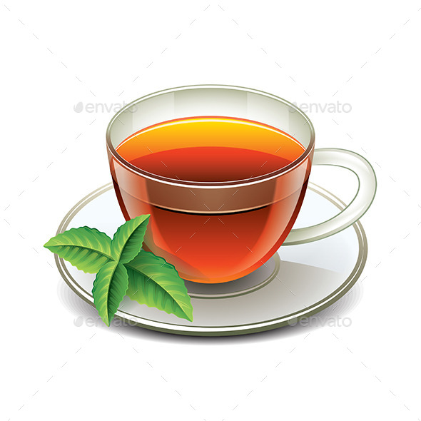 Black Tea Cup with Mint Leaves - Food Objects