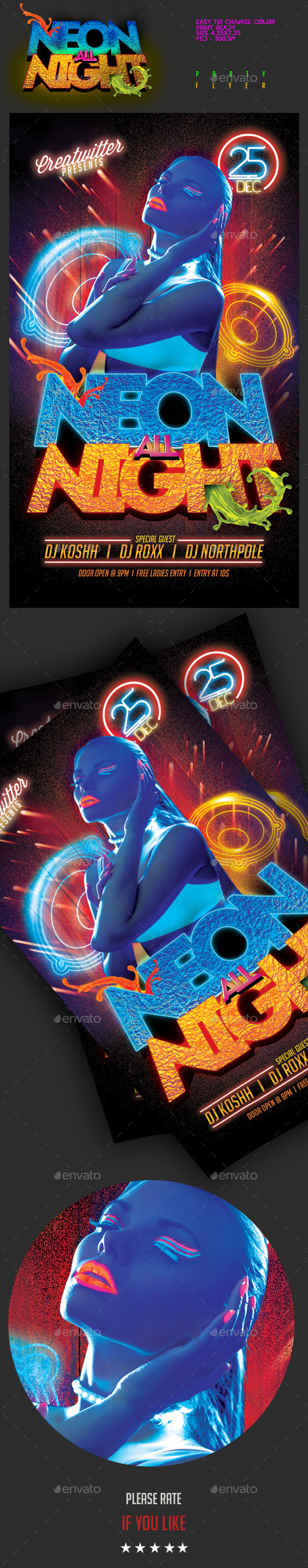 Neon All Night Party Flyer - Clubs & Parties Events