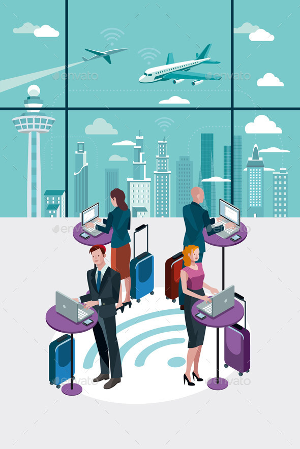 Business People Using Laptop at Airport - Concepts Business