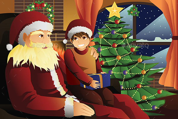 Santa Claus Talking with a Kid on his Lap - Christmas Seasons/Holidays