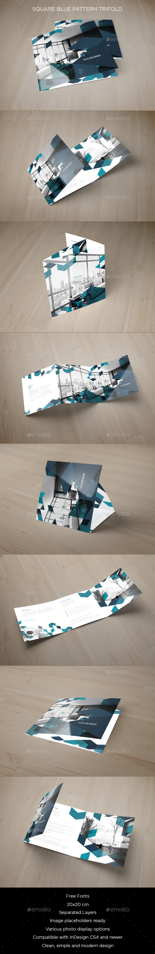 Square Blue Pattern Trifold - Brochures Print Templates