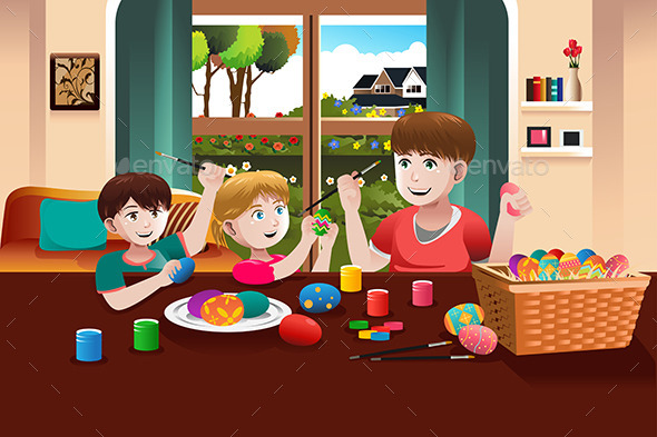 Kids Painting Easter Eggs - Seasons/Holidays Conceptual