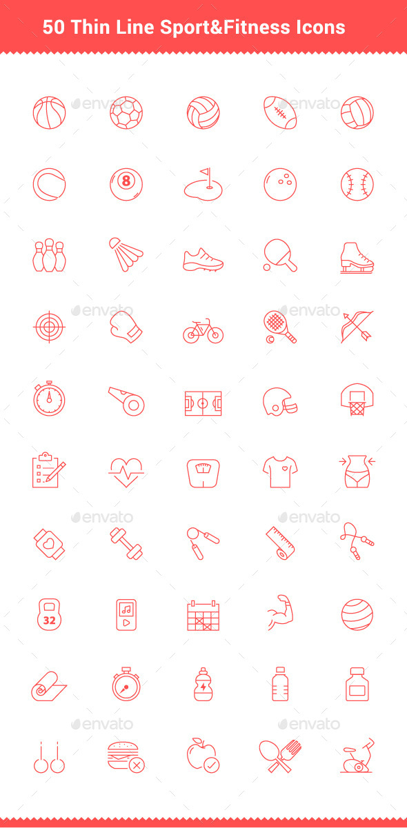 50 Thin Line Stroke Sport and Fitness Icons - Objects Icons