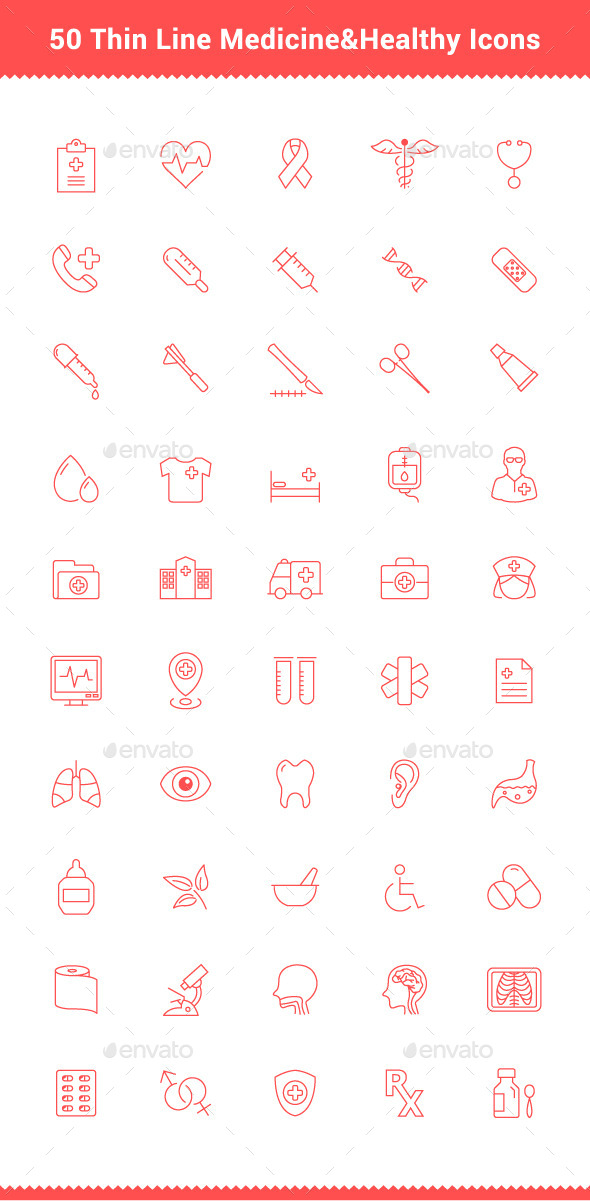 50 Thin Line Stroke Medicine and Healthy Icons - Objects Icons