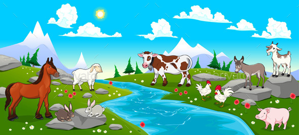Mountain Landscape with River and Animals - Animals Characters