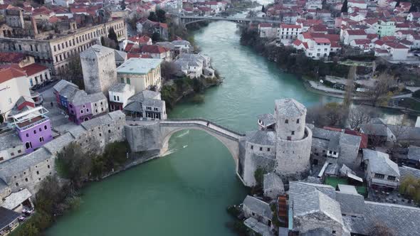 Aerial Drone View Of City Of Old Bridge And Neretva River In Mostar 4K
