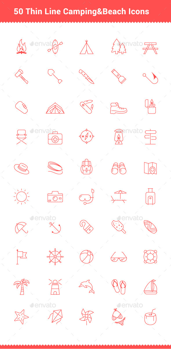 50 Thin Line Stroke Camping and Beach Icons - Objects Icons