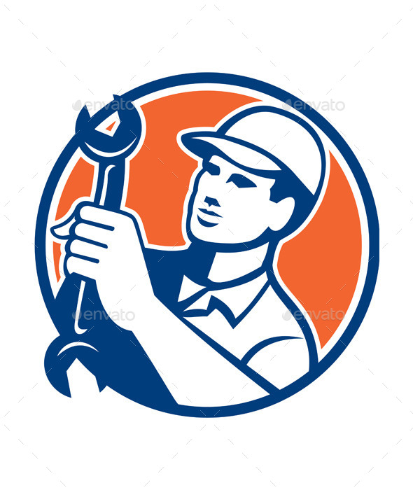 Mechanic Holding Spanner Wrench Circle Retro - People Characters