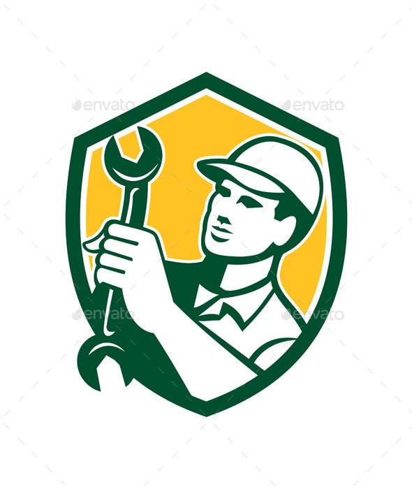 Mechanic Holding Spanner Wrench Shield Retro - People Characters