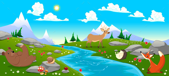 Mountain Landscape with River and Animals - Animals Characters