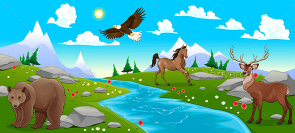 Mountain Landscape with River and Animals - Animals Characters